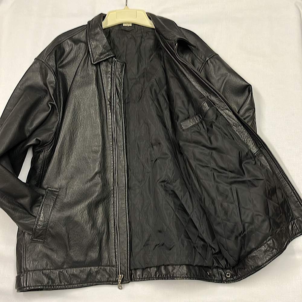 Black Leather Bomber Jacket - Polyester Lining - … - image 1